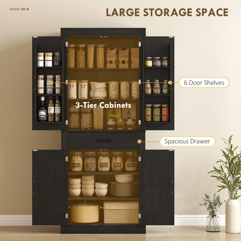 HOMCOM 72" Kitchen Pantry Cabinet, Farmhouse Kitchen Storage Cabinet with 4 Barn Doors, 6 Door Shelves, Drawer, Black