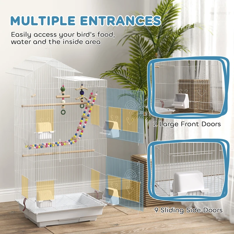 PawHut 39" Bird Cage for Budgie, Cockatiel, Conure, Small Birds, with Ladder, Swing, Toys, Perches, Tray, Feeding Bowls, Handle