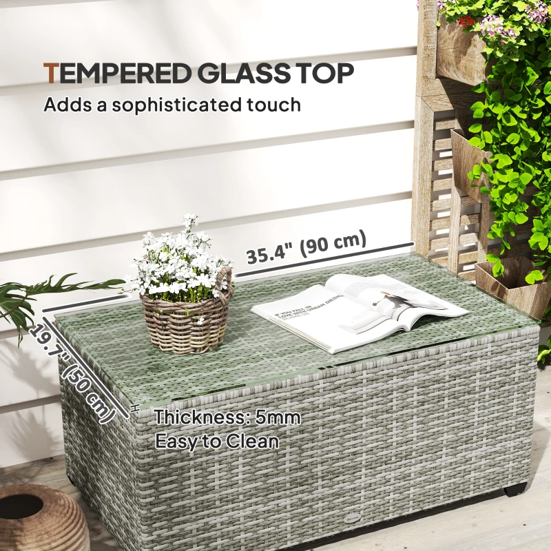 Outsunny Wicker Outdoor Coffee Table, PE Wicker Rectangular Patio Table with Tempered Glass Top for Garden, Balcony, Light Grey