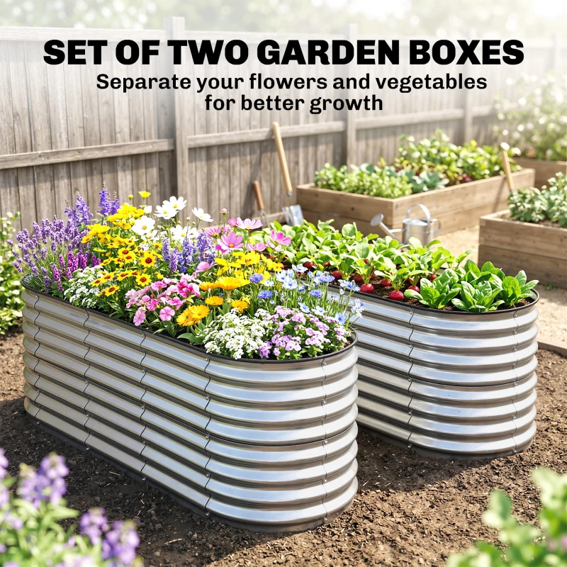 Outsunny 2Pcs Galvanized Raised Garden Bed, 6 x 2 x 2 ft Modular Metal Garden Beds with Rubber Strip Edging, Silver