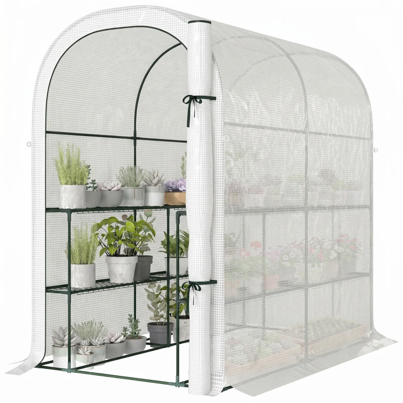 Outsunny Walk-in Mini Greenhouse with Shelves, Portable Outdoor Greenhouse with Roll-up Door, 48.4" x 73.6" x 74.4", White