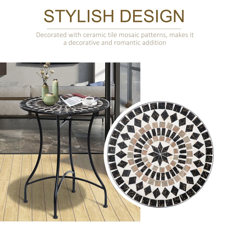 Outsunny Mosaic Patio Table, Round Coffee Table with Metal Frame, Garden Furniture for Outdoor, Poolside, Black