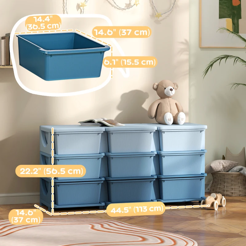 Qaba 3 Tier Kids Toy Organizer and Storage Bins with 9 Plastic Drawers, Blue