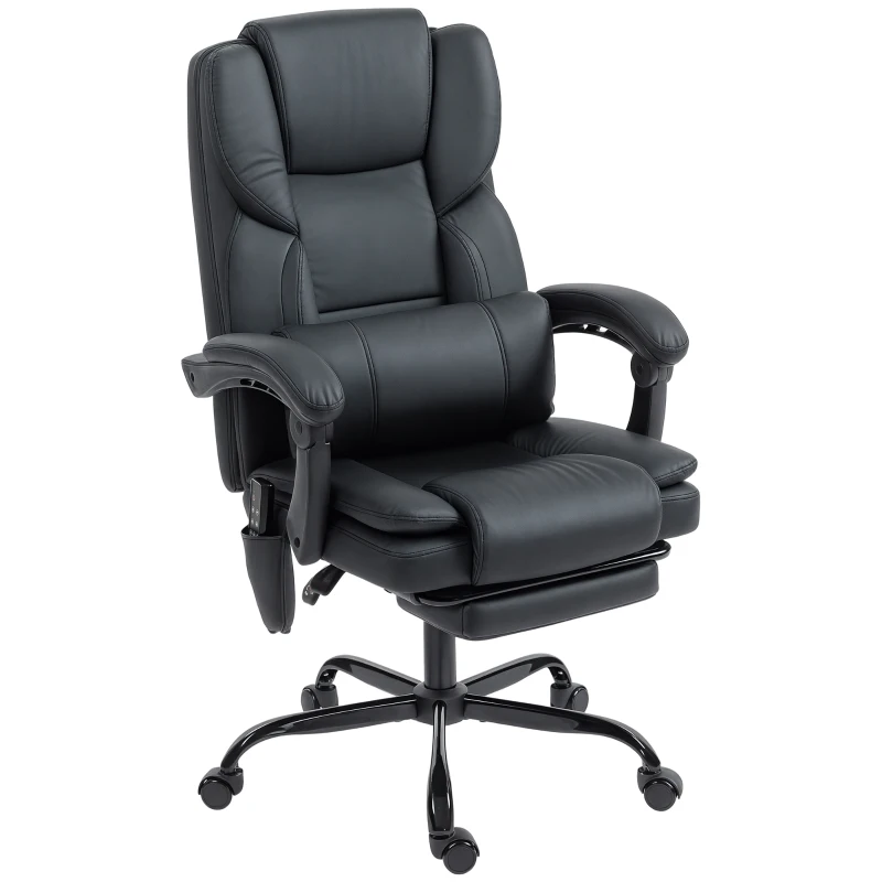 HOMCOM Office Chair with Massage, Pet-Friendly Faux Leather Reclining Desk Chair with Lumbar Support, Footrest, Black