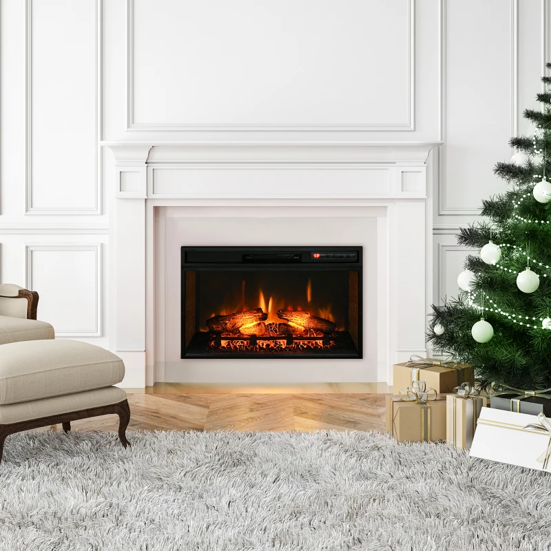HOMCOM 27" Electric Fireplace Insert, Retro Recessed Fireplace Heater with Realistic Log Flame, Remote Control, Adjustable Brightness, 1400W, Black
