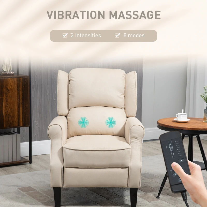 HOMCOM Massage Recliner Chair for Living Room, Push Back Recliner Sofa, Suede Wingback Reclining Chair with Extendable Footrest, Wood Legs, Remote Control, Side Pockets, Beige