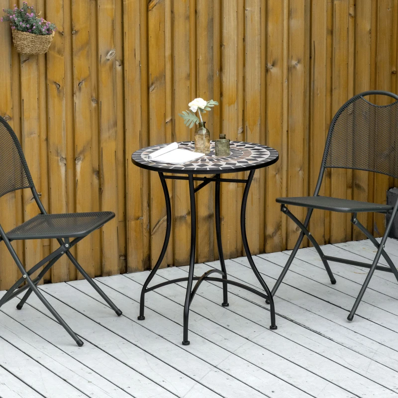 Outsunny Mosaic Patio Table, Round Coffee Table with Metal Frame, Garden Furniture for Outdoor, Poolside, Black