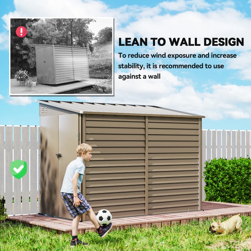 Outsunny 4.7' x 9' Steel Outdoor Storage Shed, Lean to Shed, Metal Tool House with Foundation Kit, Lockable Doors, Gloves and 2 Air Vents for Backyard, Patio, Lawn, Brown