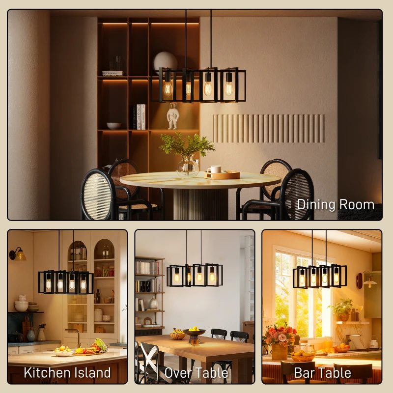HOMCOM Farmhouse Kitchen Island Lighting, Linear Pendant Light with 4 Rotatable Frames and Adjustable Height, Black