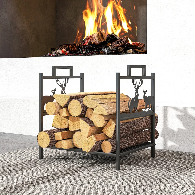 Outsunny Heavy Duty Log Stand, Firewood Rack Outdoor with Handles, Wood Storage Holder for Fireplace, Black
