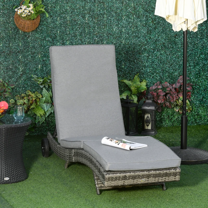 Outsunny Outdoor Adjustable Wicker Chaise Lounge Chair with Cushion & Wheels for Patio, Deck, Poolside, Grey