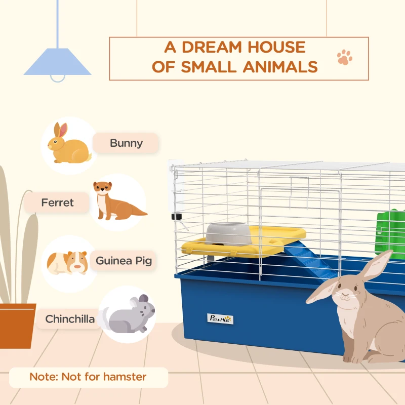 PawHut 18.5" Small Animal Cage with Water Bottle, Food Dish, Platform, Ramp, Blue