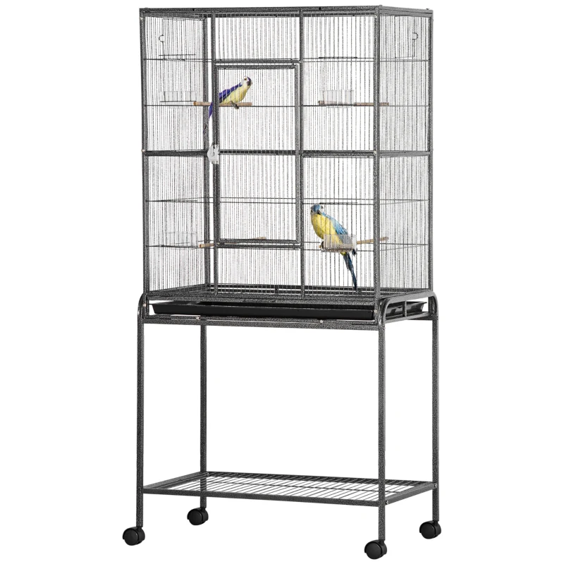 PawHut Large Rolling Metal Bird Cage Bird House with Detachable Rolling Stand, Storage Shelf, Wood Perch Food Container - Black