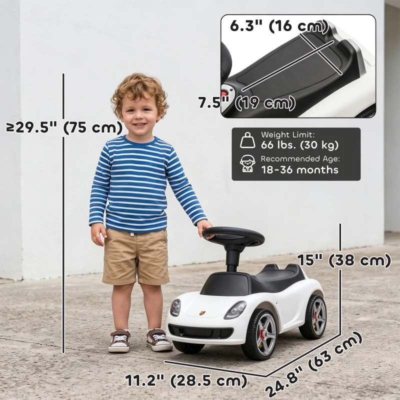 Qaba Toddler Push Car with Horn, Lights, Start-Up Sound, Ride on Car with Steering Wheel, Foot Rest, for 18-36 Months, White