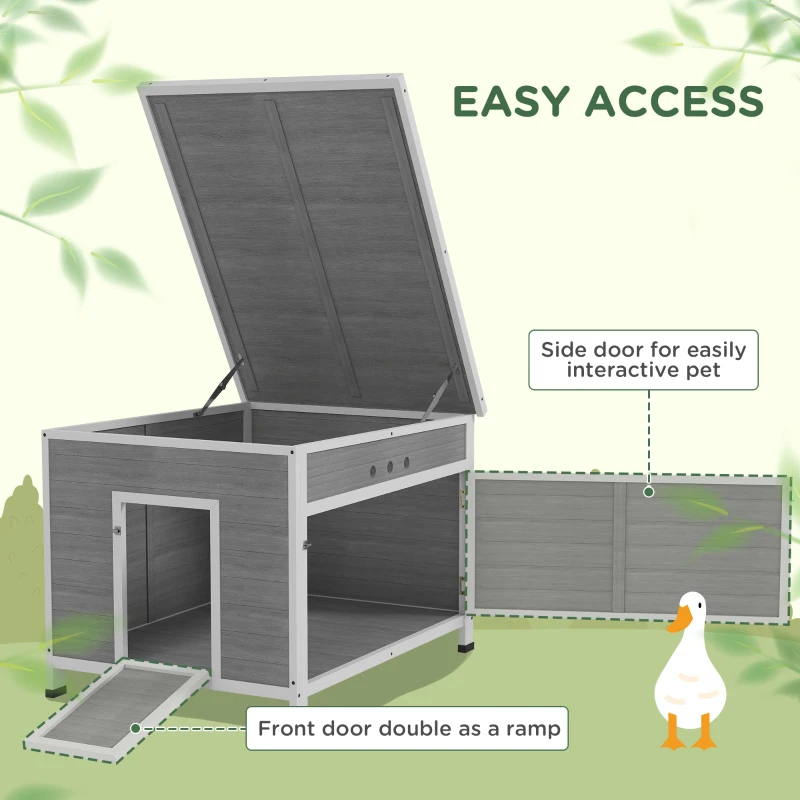 PawHut Duck Coop, Wooden Chicken House Rabbit Hutch with Openable Roof, Removable Floor, Double Doors, Ramp, Grey