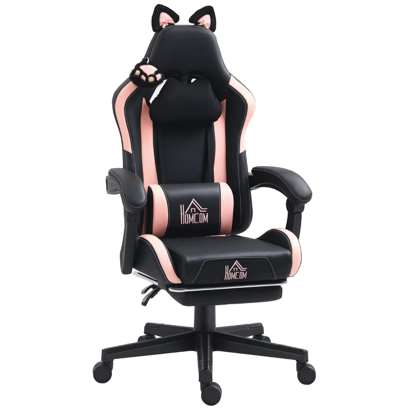 HOMCOM Cute Racing Gamer Chair, Faux Leather Gaming Chair with Footrest, Headrest and Lumbar Support, Black