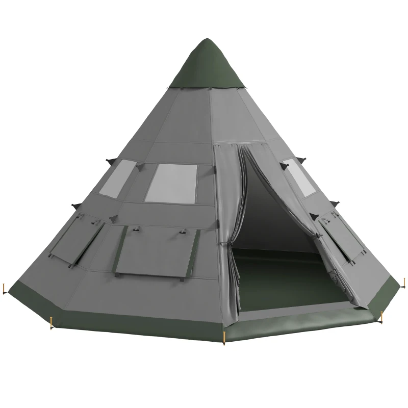 Outsunny 6 People Camping in a Family Teepee Tent with Mesh Windows, Tent Floor, Door and Carry Bag for Hiking, Picnic, Grey