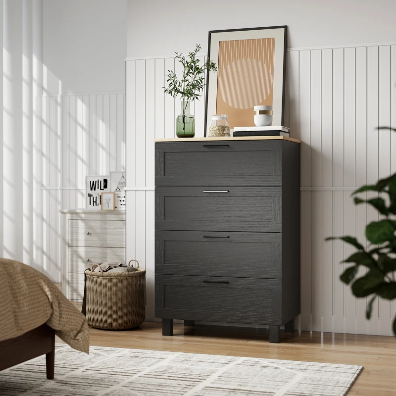 HOMCOM Dresser for Bedroom with 4 Drawers, Chest of Drawers with Solid Wood Legs for Closet, Living Room, Entryway, Black