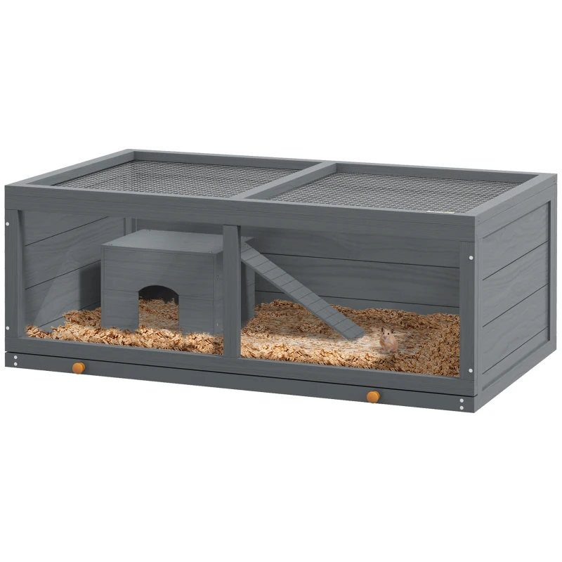 PawHut Small Animals Kit Hutch w/ Sliding Tray, Exercise Play House for Dwarf Hamsters, Gerbils, Chinchillas, Grey