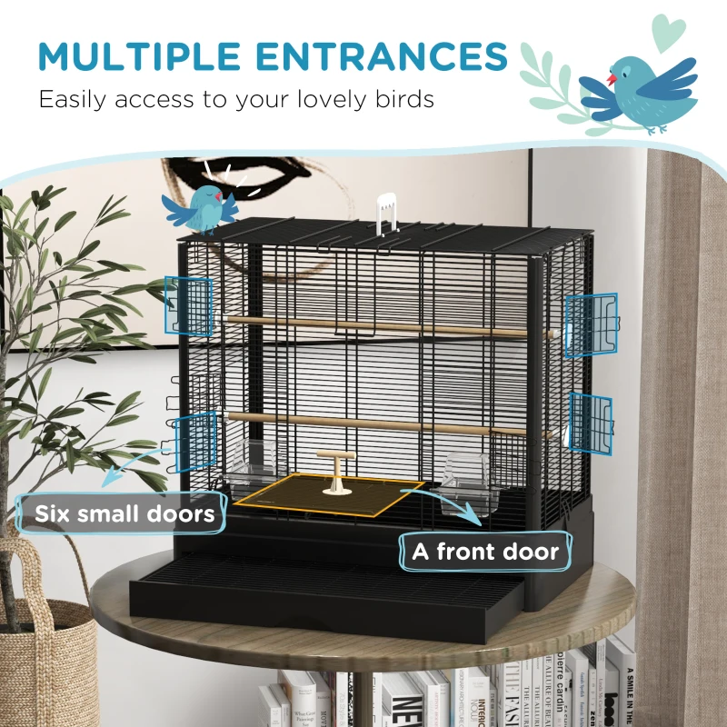 PawHut 22" Bird Cage for Budgie Finches Canaries Love Birds with Wooden Stands, Slide-Out Tray, Handles, Food Containers, Black