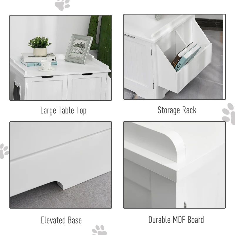 PawHut Wooden Cat Litter Box Enclosure, Hidden Cat Washroom, Kitten House with Nightstand End Table and Storage Rack Magnetic Doors, White