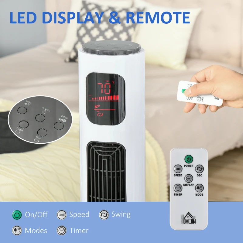 HOMCOM Freestanding Tower Fan Cooling for Home Bedroom with Oscillating, 3 Speed, 12h Timer, LED Sensor Panel, Remote Controller, White