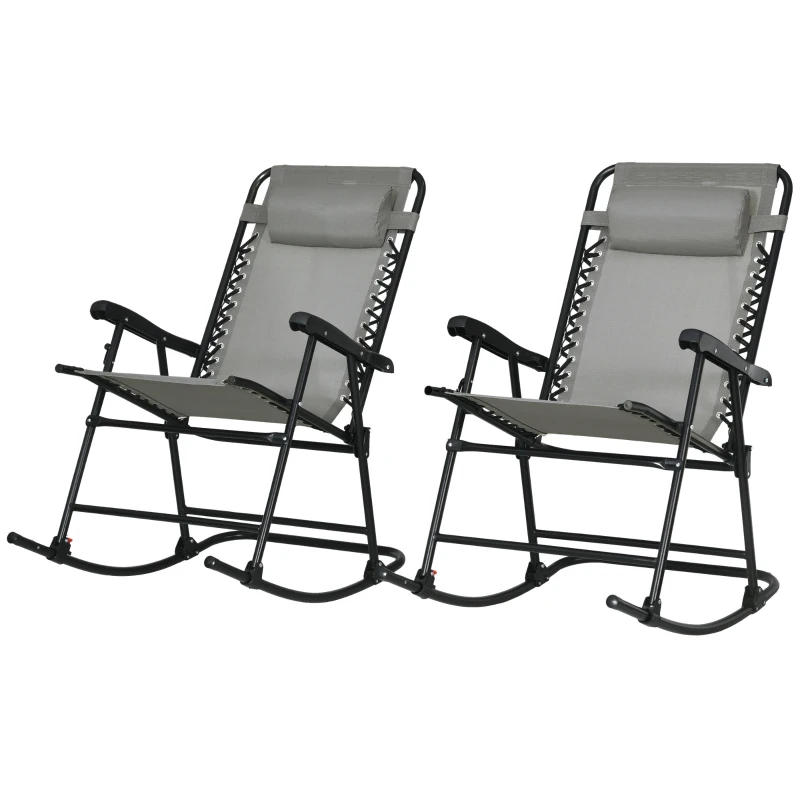 Outsunny 2pc Patio Foldable Rocking Chair Set w/ Breathable Mesh Seat & Backrest, Headrest for Park, Backyard, Garden, Grey