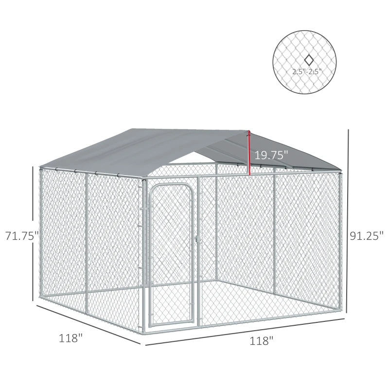 PawHut Outdoor Dog Kennel Galvanized Steel Fence with Cover Secure Lock Mesh Sidewalls for Backyard 9.8' x 9.8' x 7.7'
