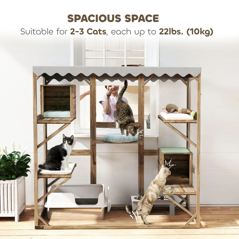 PawHut Wooden Catio Outdoor with Window Access, Waterproof Cover, Relaxing Condo, 5 Platforms, Doors, 59" x 28" x 59", Brown