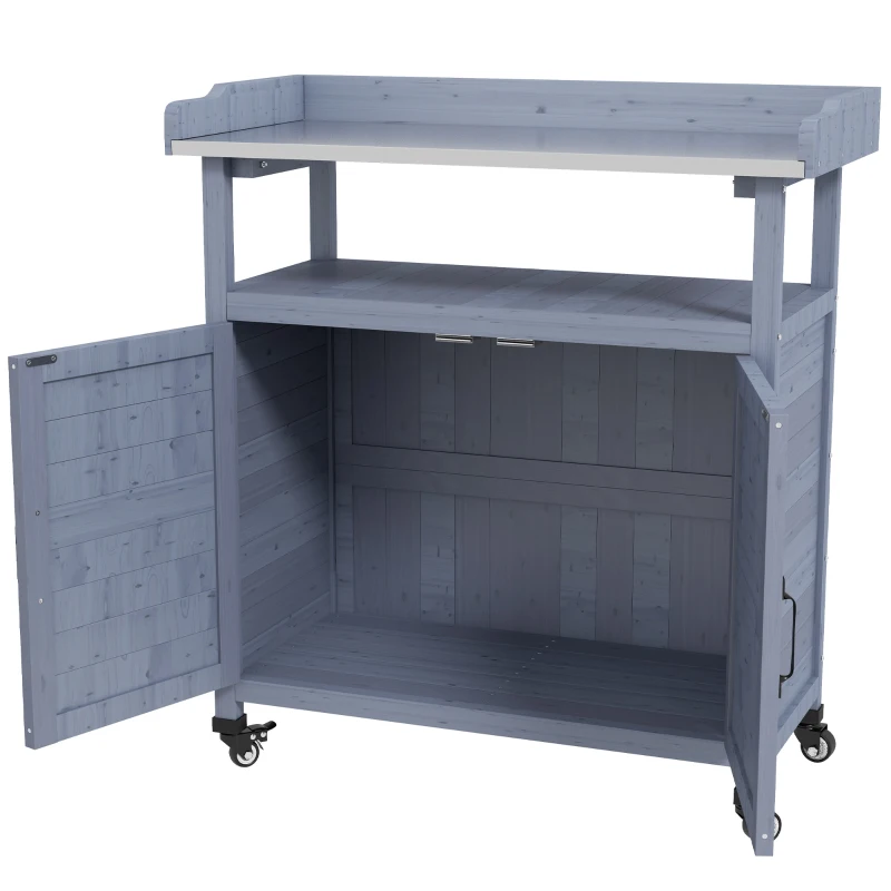 Outsunny Outdoor Wooden Potting Bench with Storage Cabinet, Aluminum Tabletop, Rubber Wheels for Backyard, Patio, Balcony, Grey