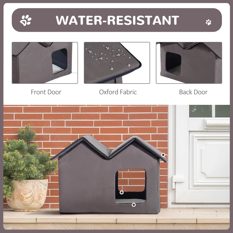 PawHut Double Heated Cat House Portable Indoor/Outdoor Kitty Shelter for Ferral Cat in Winter, Brown