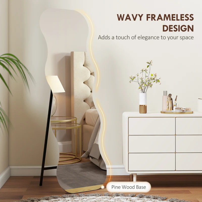 HOMCOM 64" x 21" Full Length Mirror, Irregular Wavy Frameless Full Body Mirror with Pine Wood Base for Bedroom, Black