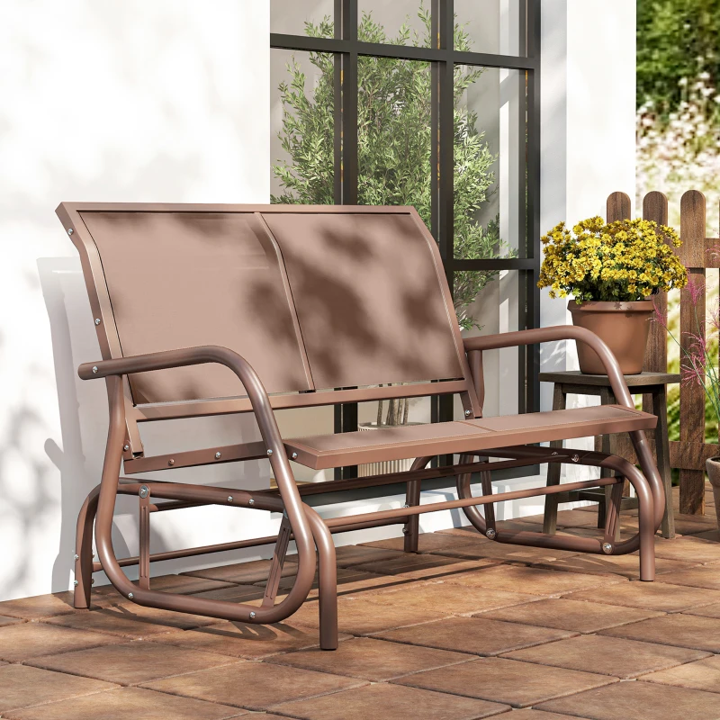 Outsunny Outdoor Glider Bench, 2 Person Patio Glider Chair, Gliding Outdoor Garden Loveseat Swing Bench with Breathable Mesh Fabric, Steel Frame for Backyard, Porch, Coffee Brown