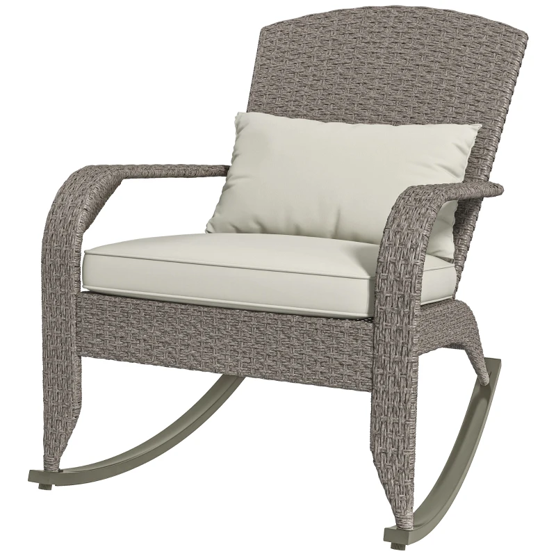 Outsunny Adirondack Chair, Outdoor Wicker Rocking Chair with High Back, Seat Cushion and Pillow for Porch, Balcony, Cream White