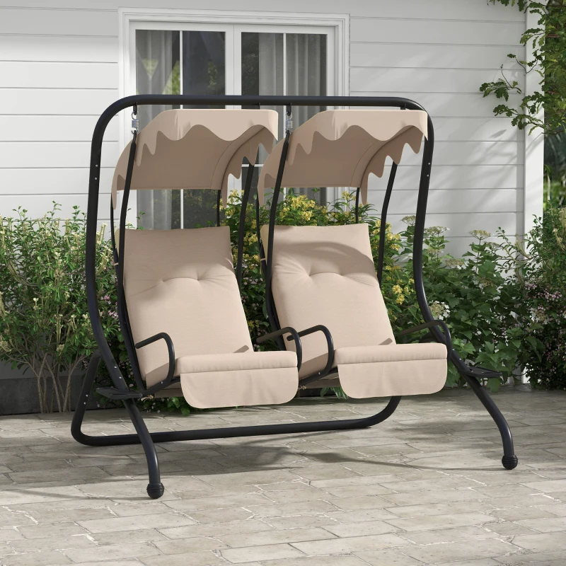 Outsunny 2 Seat Modern Outdoor Swing Chairs With Handrails and Removable Canopy - Beige