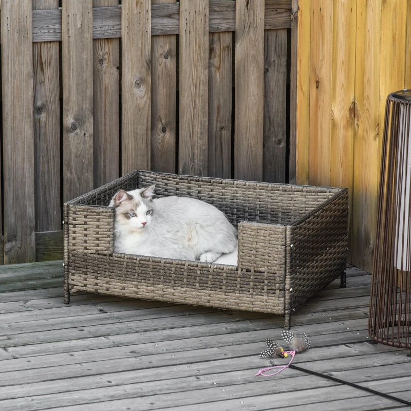 PawHut Rattan Pet Bed Raised Wicker Dog Sofa for Doggy and Cat Indoor & Outdoor with Soft Washable Cushion Grey