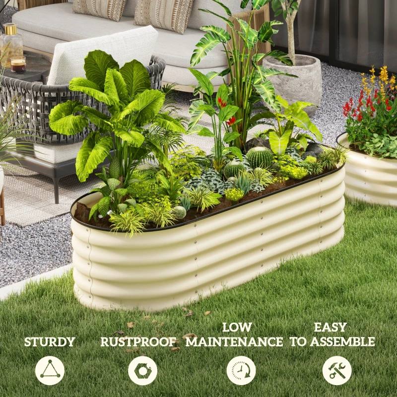 Outsunny 5' x 2' x 1.5' Large Outdoor Planter Box, Galvanized Raised Garden Bed with Metal Plant Stake, Cream White