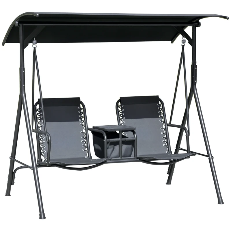 Outsunny 2 Person Covered Porch Swing Patio Swing with Pivot Storage Table, Cup Holder, & Adjustable Overhead Canopy, Black