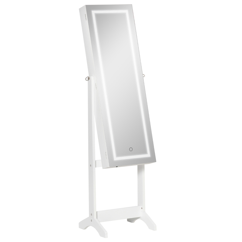 HOMCOM Lockable Jewelry Armoire with LED Light, Standing Mirror with Storage for Bedroom Dressing Room, White