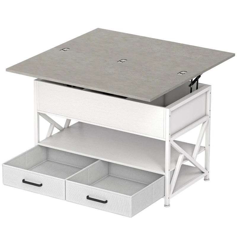 HOMCOM Modern Coffee Table, Lift Top Center Table with Fabric Drawers and Hidden Storage for Living Room, Cement Grey