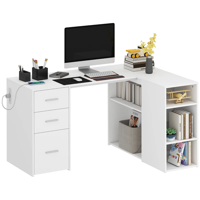 HOMCOM L Shaped Desk, 55" Corner Computer Desk with Power Outlets, File Drawer, 2 Drawers, Adjustable Shelves, White