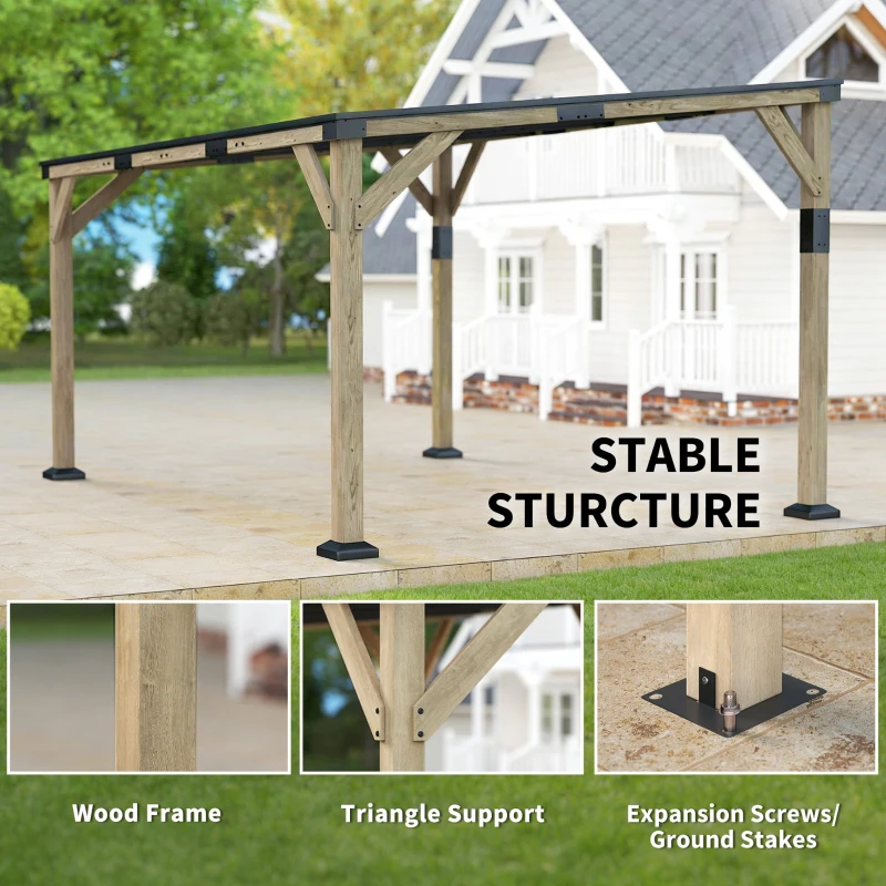Outsunny 14' x 10' Gazebo, Lean to Galvanized Steel Hardtop Gazebo Pergola with Wood Frame, Patio Gazebo Awning, Dark Grey