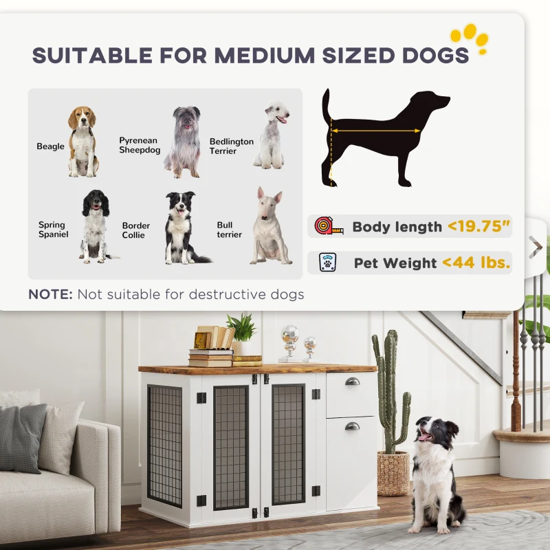 PawHut 44" Furniture Dog Crate with Double Door, Storage & Drawer for Medium Sized Dogs, White