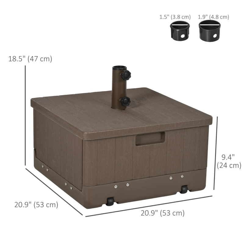 Outsunny 3-in-1 Outdoor Umbrella Base with Wheels, Side Table, Planter Box, 175lbs Heavy Duty Patio Umbrella Stand, Brown