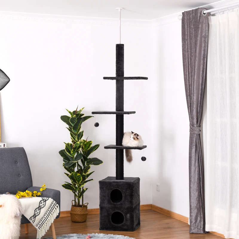 PawHut Cat Tree Floor to Ceiling Condo w/ Jute Scratching Post Dangling Ball Adjustable 86.5" H -96.5" H, Grey