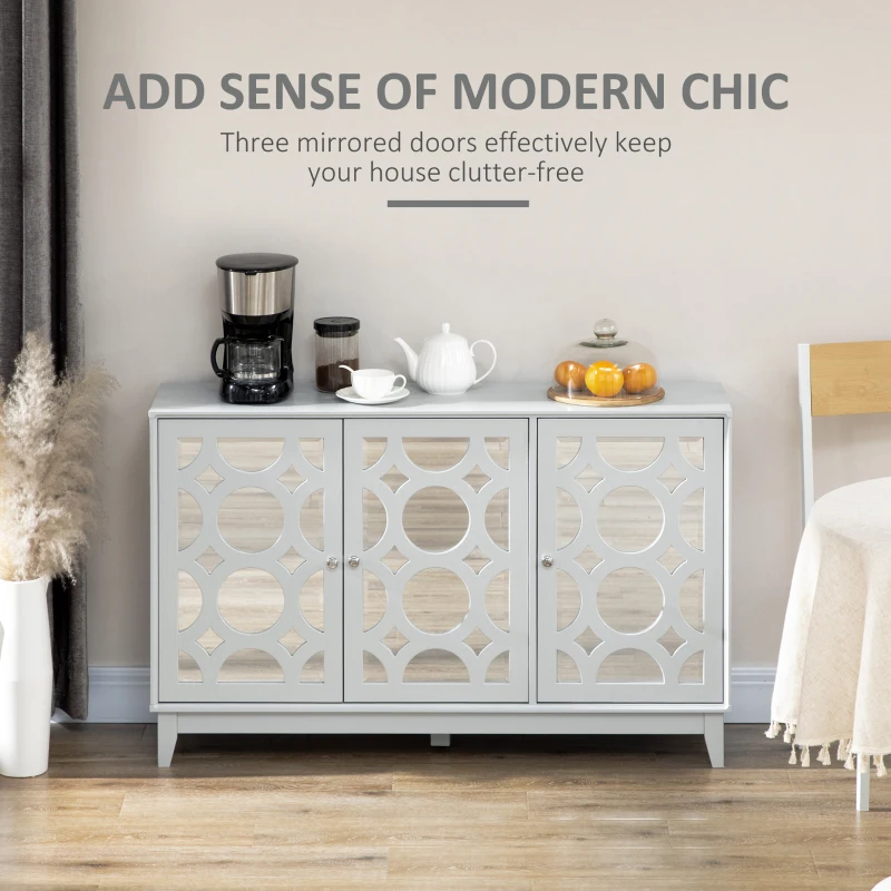 HOMCOM Sideboard Kitchen Buffet Table with 3 Mirrored Doors, 2 Cabinets  and Adjustable Shelf, Gray