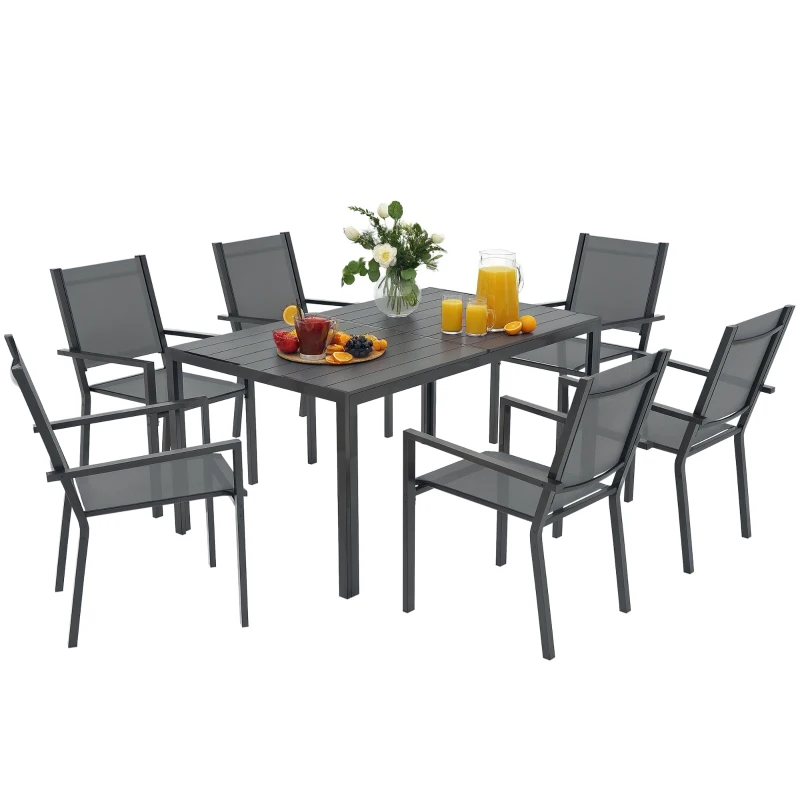 Outsunny 7 Piece Outdoor Dining Set with 6 Stackable Chairs, Rectangle Table, WPC Slatted Top, Rust-Resistant Steel Frame