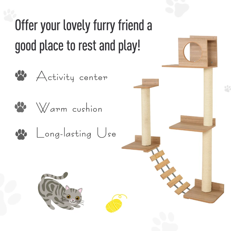 PawHut Wall Mounted Cat Tree with Scratching Post Condo Bridge Cat Climbing Shelves Furniture, Brown