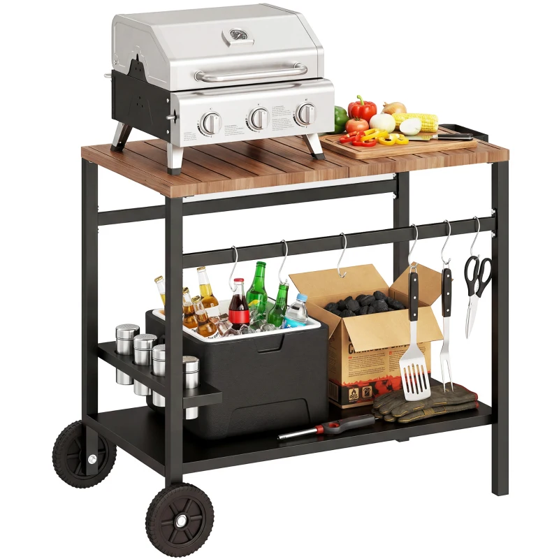 Outsunny Outdoor Grill Cart, 2-Tier Pizza Oven Stand, BBQ Stand with Beverage Holder, Hooks, Wheels, Black and Brown
