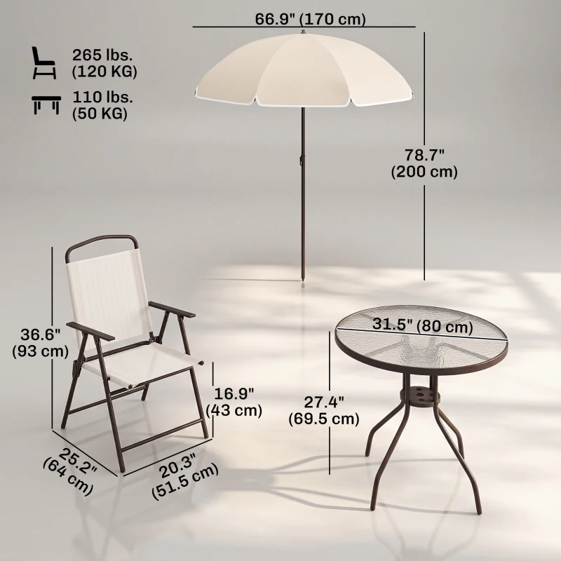 Outsunny 6 Pieces Outdoor Dining Set for 4 with Umbrella Patio Outdoor Furniture Set with Round Table 4 Folding Chairs Cream